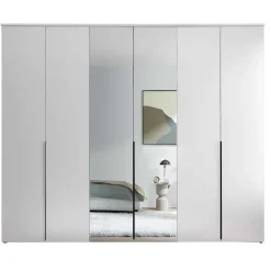 Kleiderschrank 6-türig (2 Spiegeltüren), Weiß Kevo