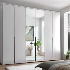 Kleiderschrank 6-türig (2 Spiegeltüren), Weiß Kevo